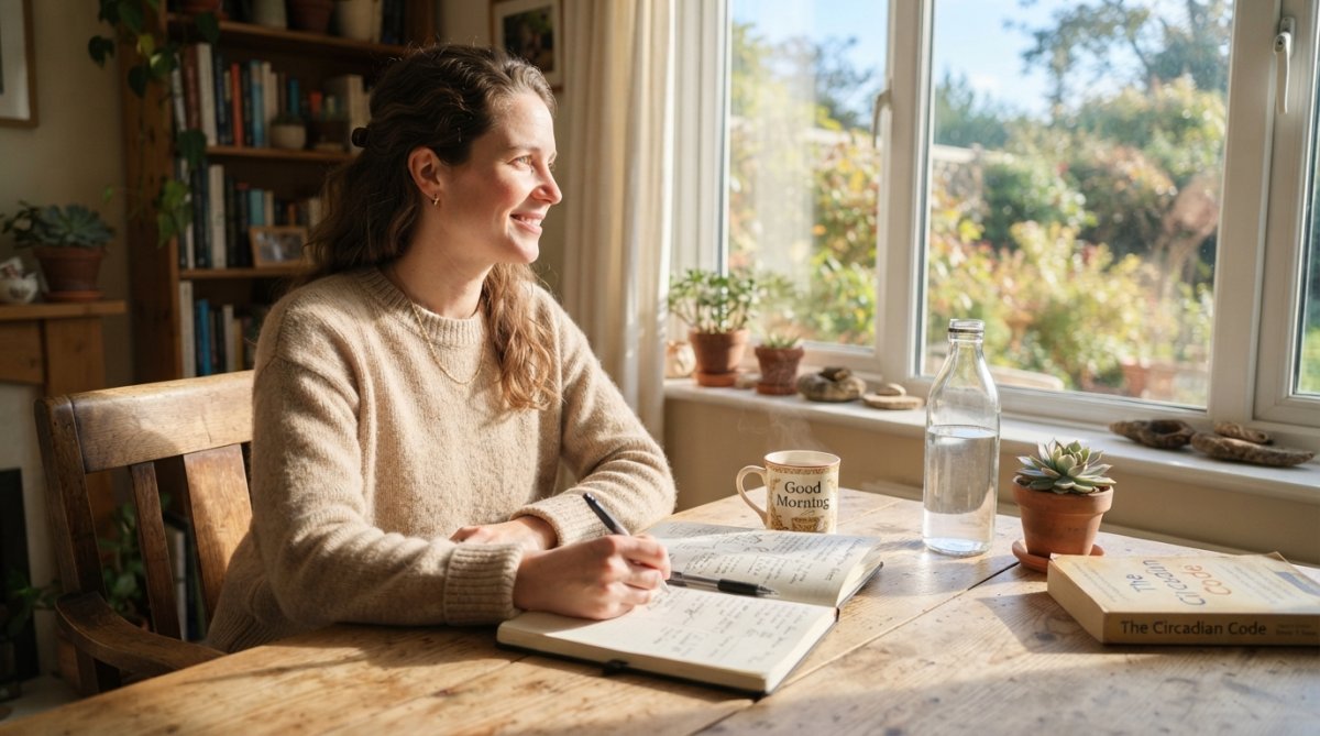Person sitting by a sunny window with a cup of coffee, natural morning light streaming across a desk with a journal and water bottle