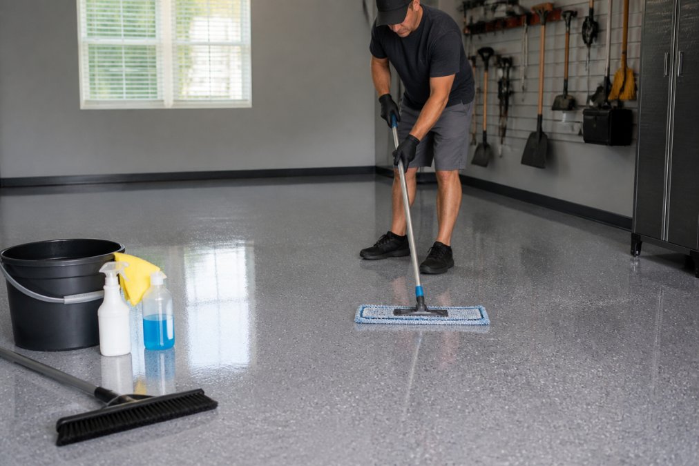 Person using a soft-bristle broom and microfiber mop to clean a shiny epoxy garage floor with cleaning supplies visible on the side, natural garage lighting