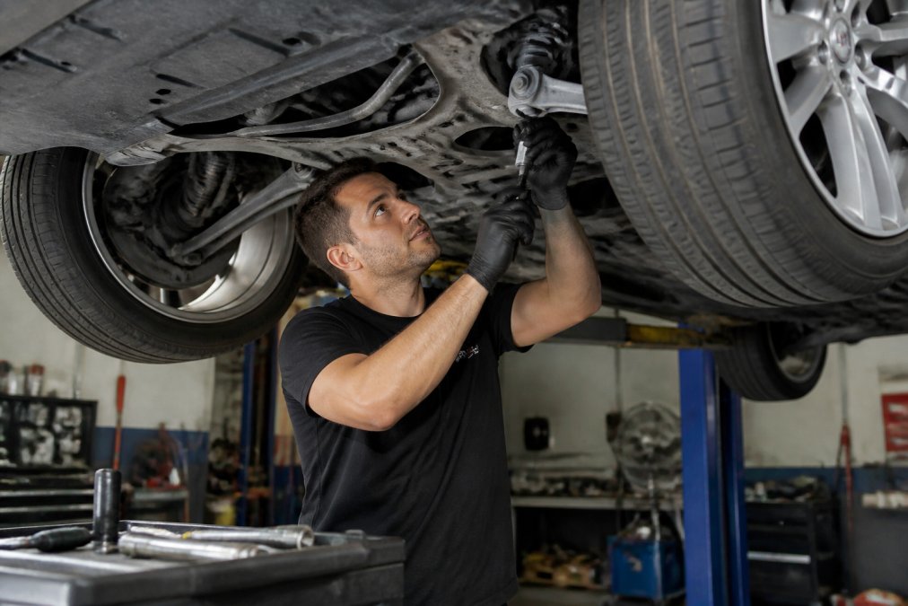 Mechanic inspecting the suspension components of a car raised on a lift in a professional auto shop