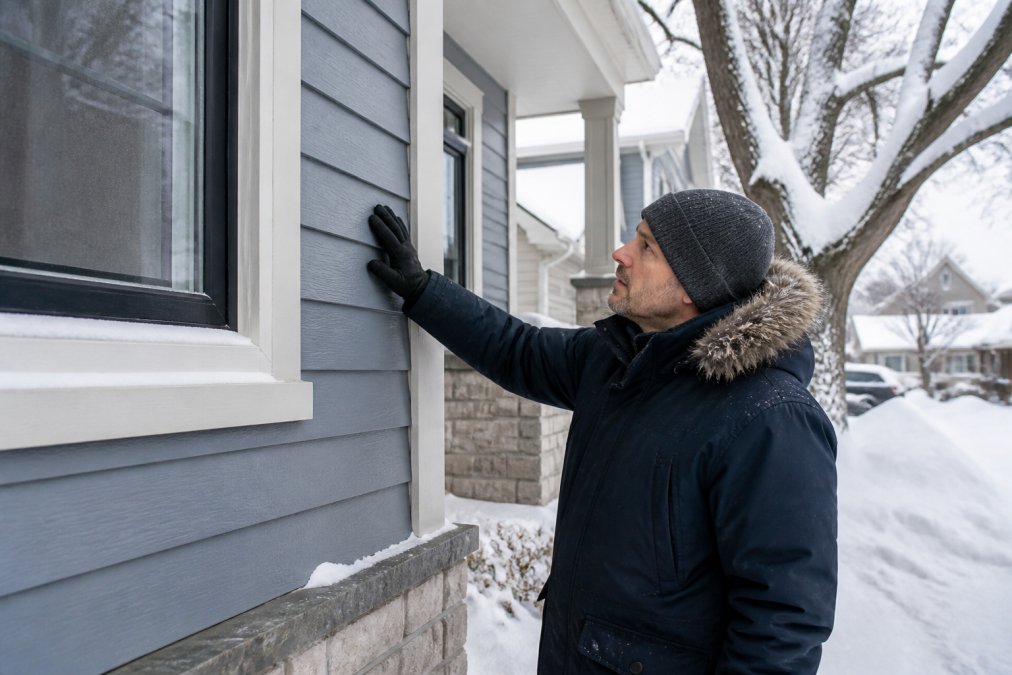 A Toronto home exterior in winter with snow on the ground, showing painted siding and trim, with a homeowner in a winter coat inspecting the surface for wear