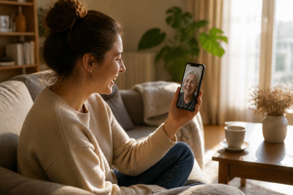 A woman in her 30s sitting on a sofa at home, smiling while video calling an older woman on her phone, a cup of tea nearby, warm afternoon light through the window