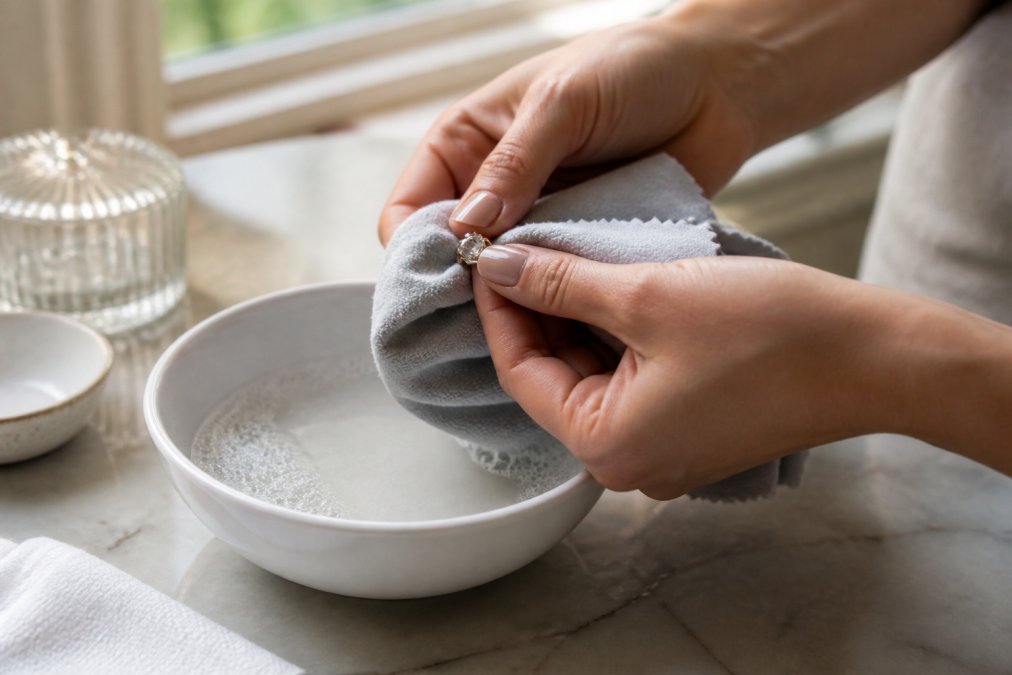 Close-up of hands gently cleaning a piece of fine jewelry with a soft microfiber cloth over a white ceramic bowl filled with mild soapy water, natural light from window