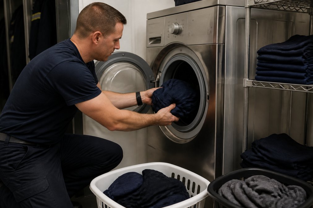 Firefighter loading inside-out cotton duty shirts into a washing machine with careful load separation, showing proper placement technique with other similar garments organized nearby