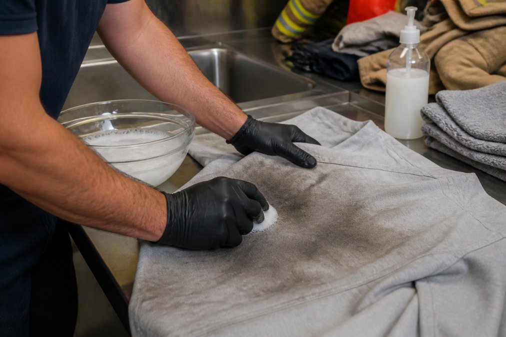 Hands carefully applying mild detergent solution to a soot-stained cotton duty shirt, demonstrating pre-treatment technique on fabric with visible staining