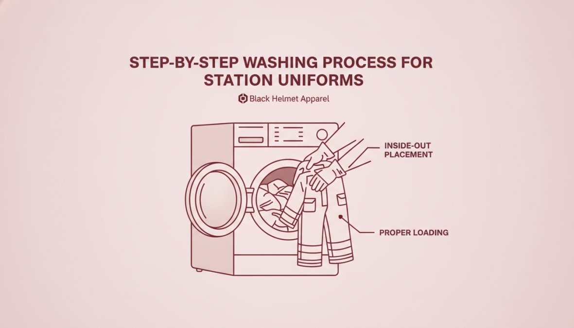 Firefighter carefully turning flame-resistant station uniform inside-out before placing it into a washing machine, demonstrating proper loading technique with cold water visible