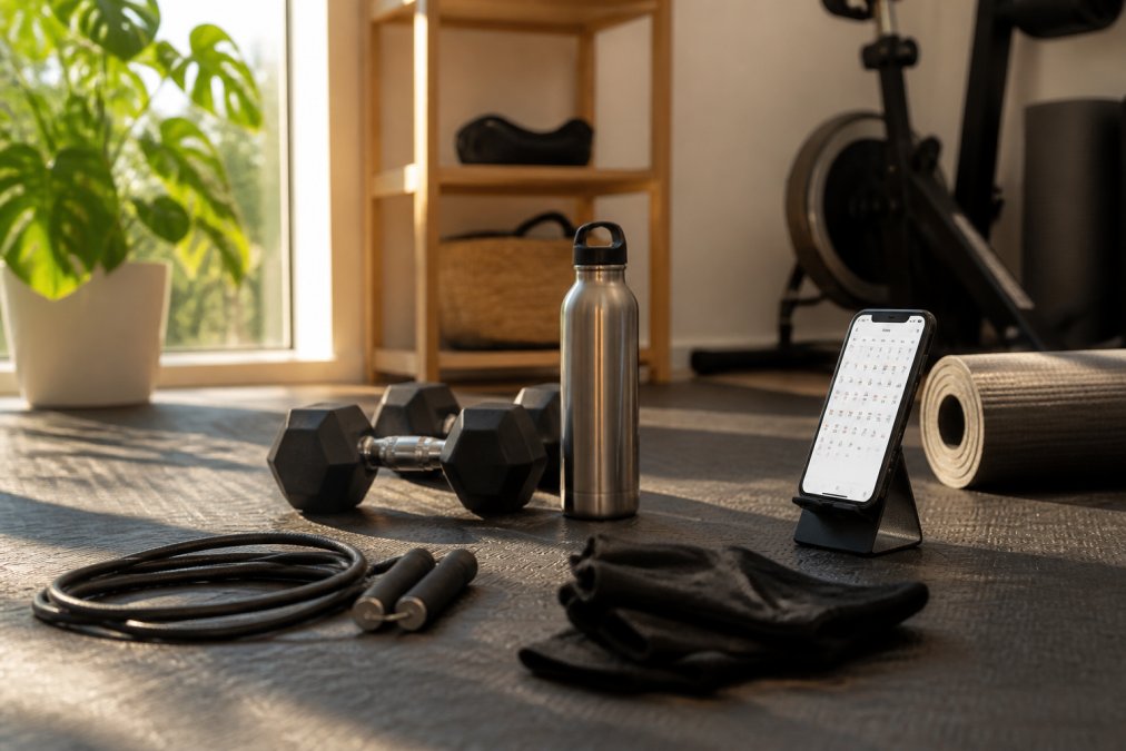 Person in home gym setting with workout gear laid out on floor, water bottle nearby, and smartphone on stand displaying calendar or fitness app, morning sunlight streaming through window