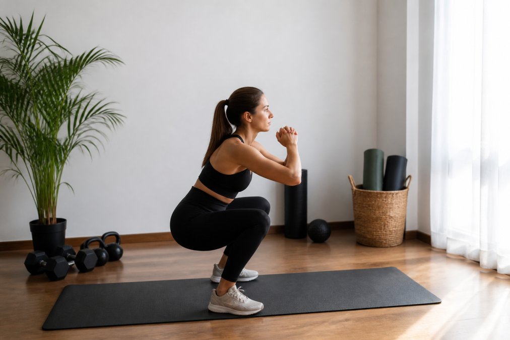 Person exercising in dedicated home corner with minimal clutter, clean organized space with dumbbells and yoga mat visible, natural light from window, focused expression during workout