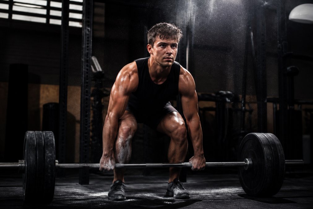 Focused athlete performing a heavy barbell lift during intense training in a dim gym with chalk dust in the air.