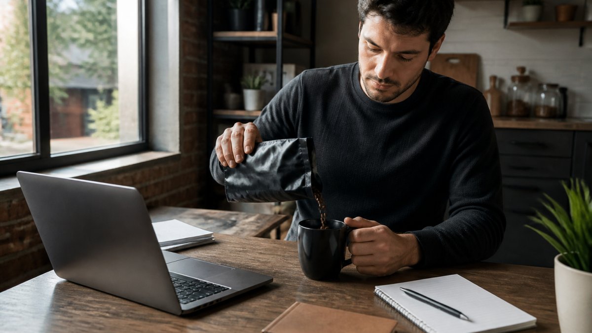 A remote worker at a clean desk pouring single-origin coffee from a bag into a mug, laptop open with a task list visible, morning light through a window