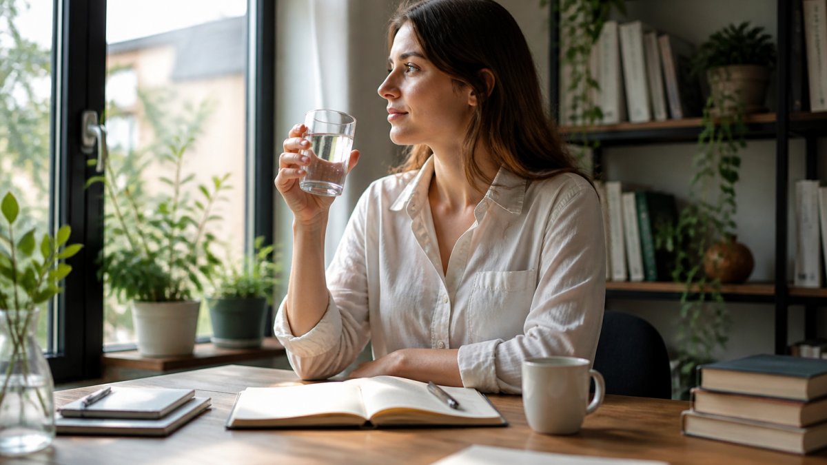 Person sitting at a tidy desk with water and a notebook in the morning light