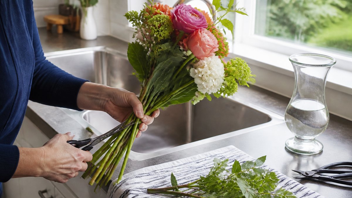 Hands trimming the stems of fresh cut flowers over a kitchen sink to prepare them for a glass vase
