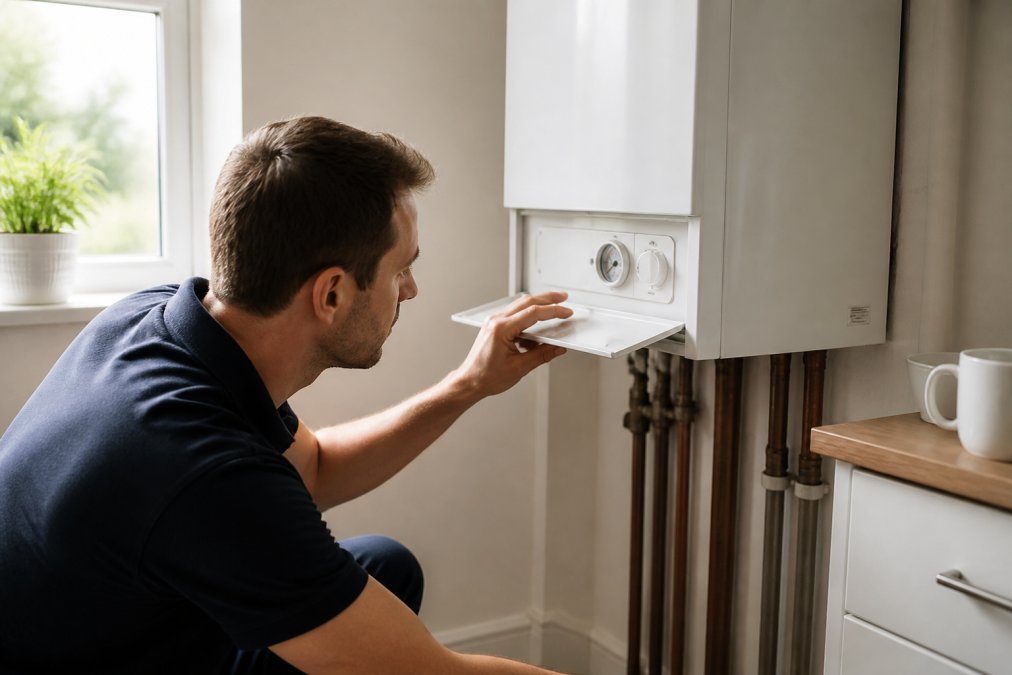 Homeowner checking the boiler pressure gauge on a wall-mounted unit during a sunny morning