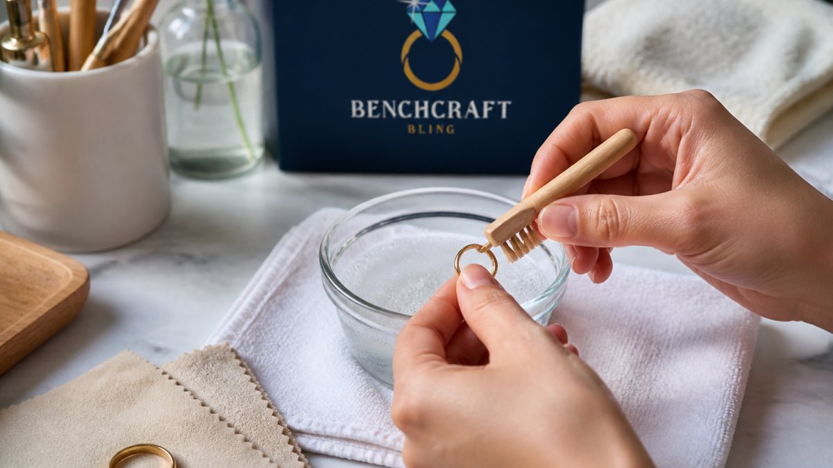 Hands gently cleaning a gold ring with a soft brush in warm soapy water near a polishing cloth