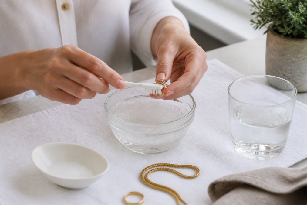 A woman's hands gently cleaning a gold ring in a small bowl of soapy water with a soft-bristled brush on a clean white towel, soft natural window light
