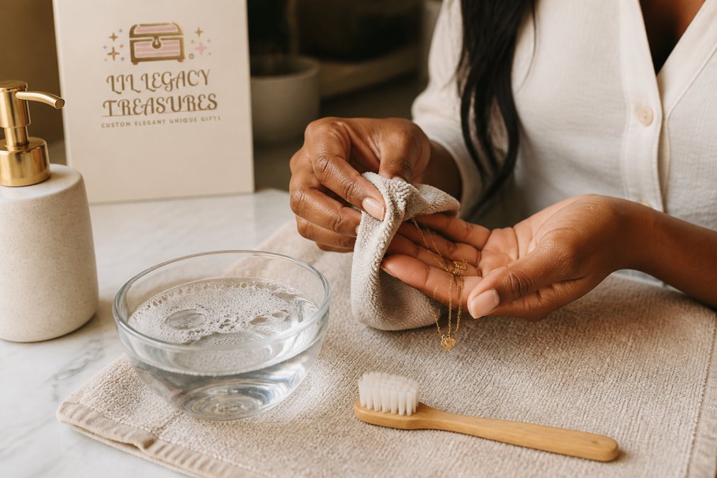 Close-up of a woman's hands gently wiping a delicate gold necklace with a soft microfiber cloth on a clean bathroom counter, with a small bowl of mild soapy water and a soft-bristled brush nearby