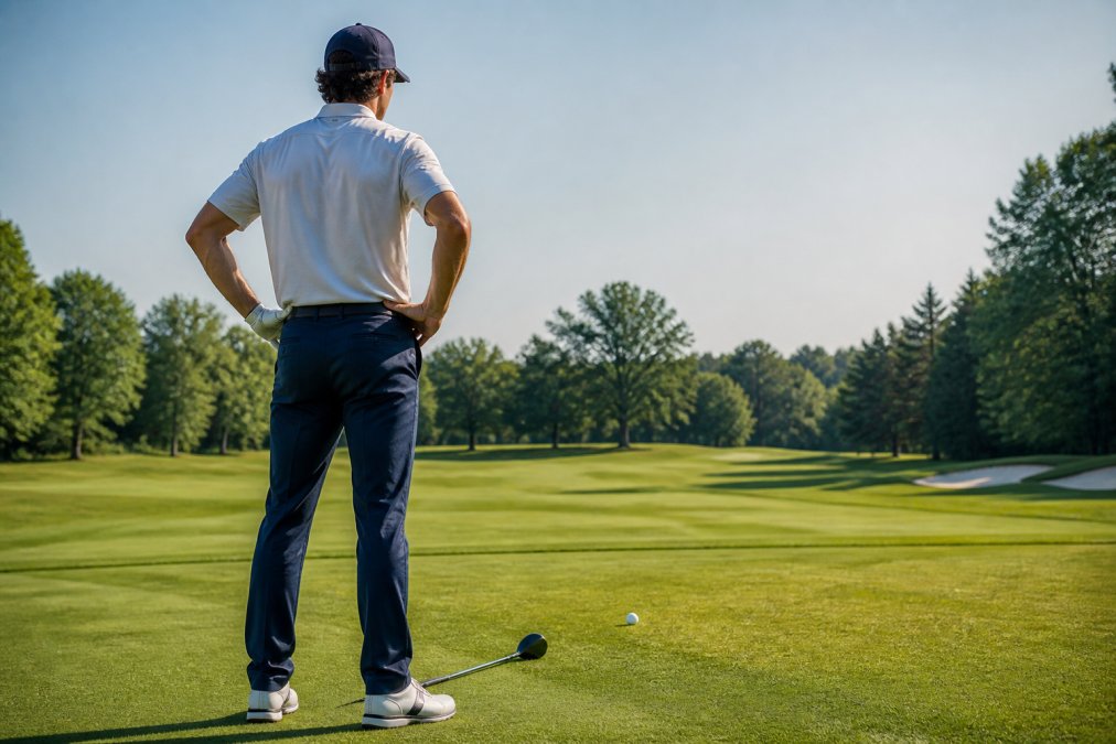 A golfer standing behind the ball on a sunlit fairway, hands on hips, eyes locked on the target line, taking a slow breath before stepping in to address the ball