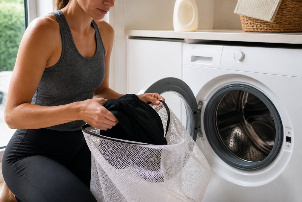 Person placing compression leggings into a mesh bag to protect gym gear elasticity while washing in a laundry room.