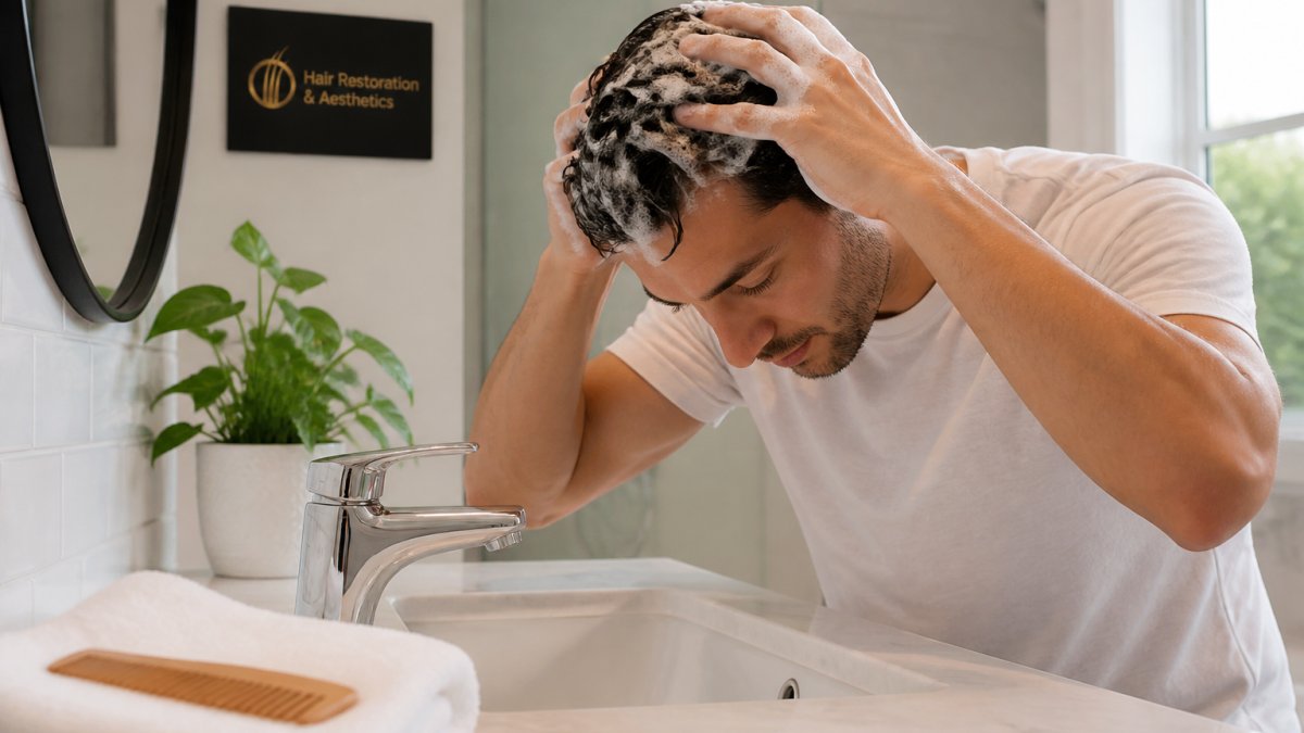 A person in a bright bathroom gently massaging shampoo into their scalp at a sink, with a soft towel and comb nearby, showing a calm daily hair-care routine