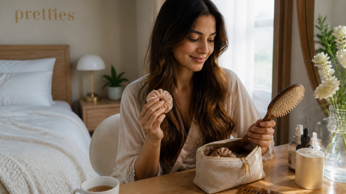A woman with long wavy hair sitting at a vanity in a calm, well-lit bedroom, holding a soft fabric hair tie and a wooden brush, with a small cosmetic case and a cup of tea nearby, conveying a serene self-care moment