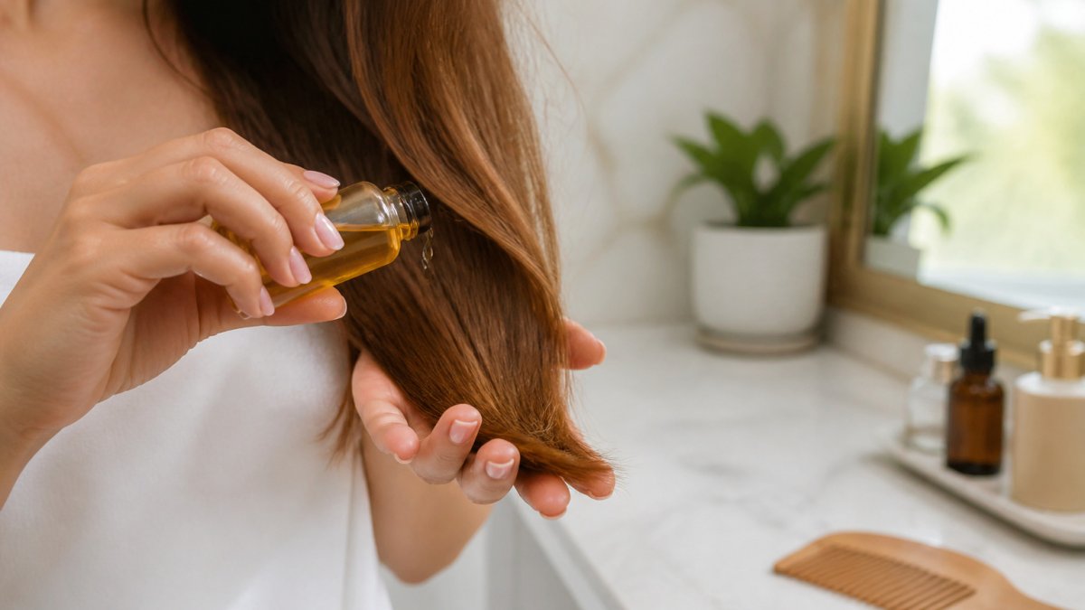 Woman applying golden argan oil to glossy brown hair in a bright bathroom with a wooden comb nearby