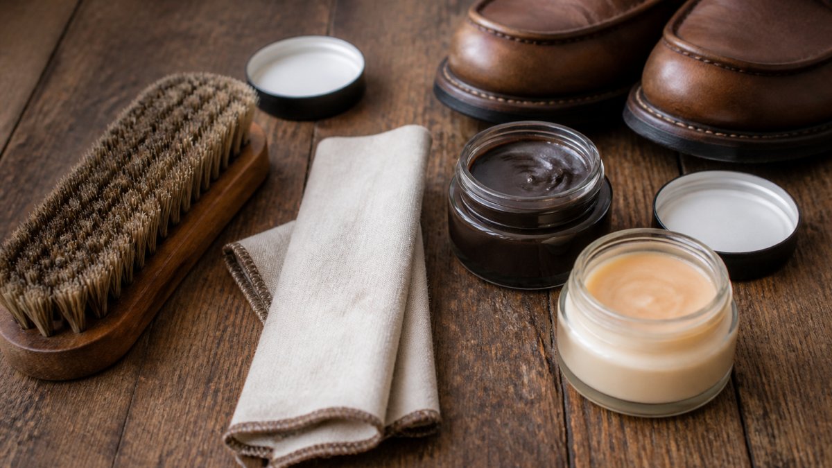 Horsehair brushes, polishing cloths, and leather conditioners arranged on a wooden surface for shoe care.