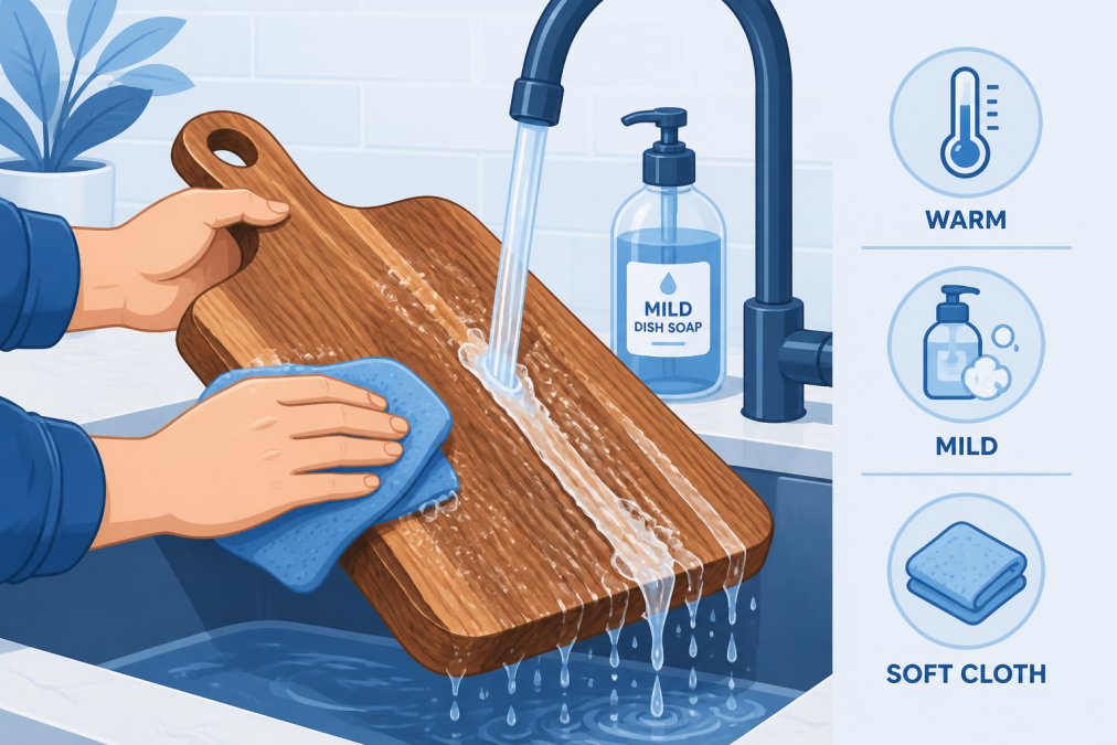 Close-up of hands gently washing a handmade wooden charcuterie board under warm running water with a soft cloth and mild dish soap, showing water cascading across the natural wood grain in bright kitchen lighting