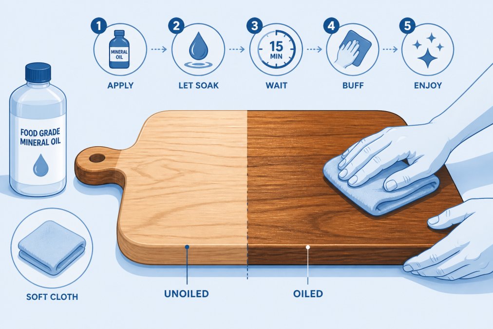 Hands buffing a handmade wooden board with a soft cloth after applying food-grade mineral oil, showing the natural wood grain, warm finish, and the contrast between oiled and unoiled wood sections in natural daylight