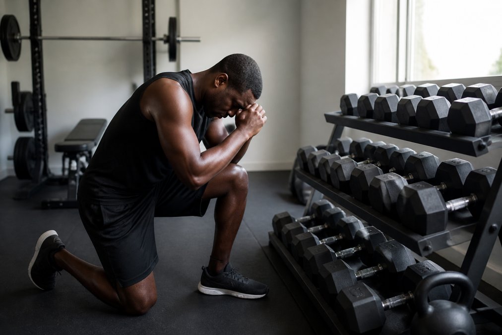 Athletic man kneeling in prayer by a home gym dumbbell rack to seek fitness balance