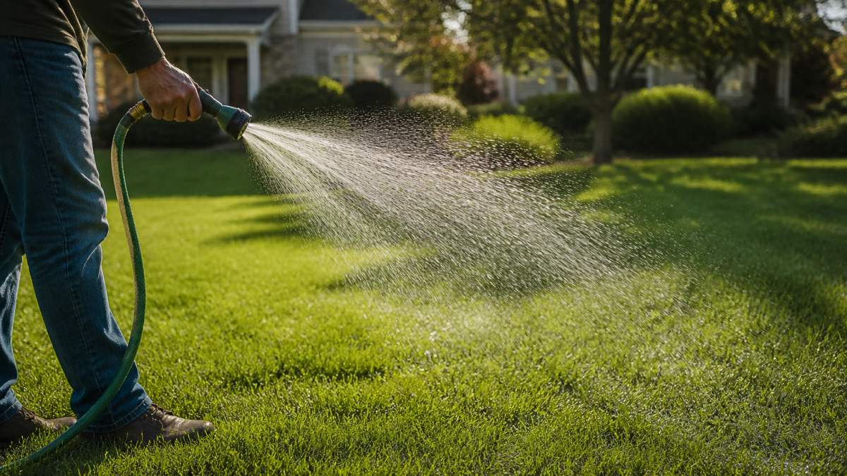 A homeowner holding a garden hose with a sprinkler attachment, watering a lush green lawn on a clear morning, with visible water droplets on the grass blades