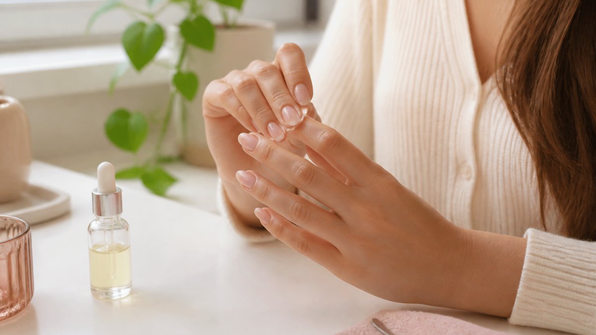 Step-by-step process of massaging cuticle oil into nail beds to achieve healthy natural nails