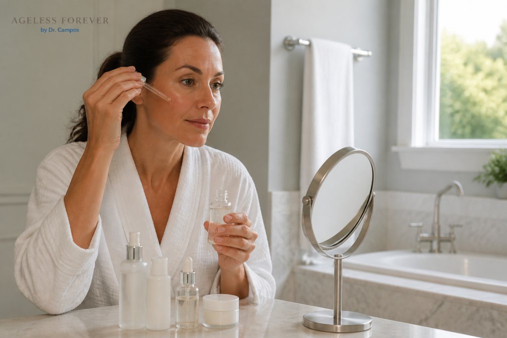 A woman in her 40s applying serum to her face at a bathroom vanity, with several unbranded skincare bottles and a small mirror arranged neatly on the counter, soft natural morning light through a window