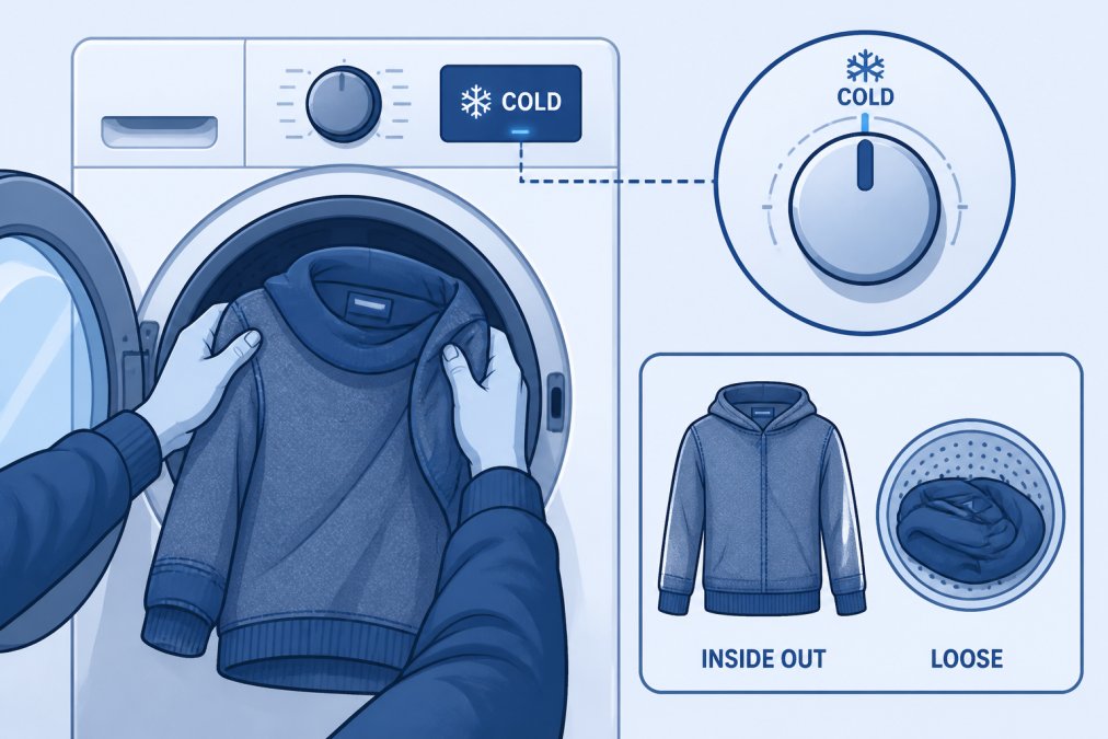 Hands placing a heavy cotton hoodie inside-out into a washing machine, showing proper garment positioning with cold water setting visible on the dial