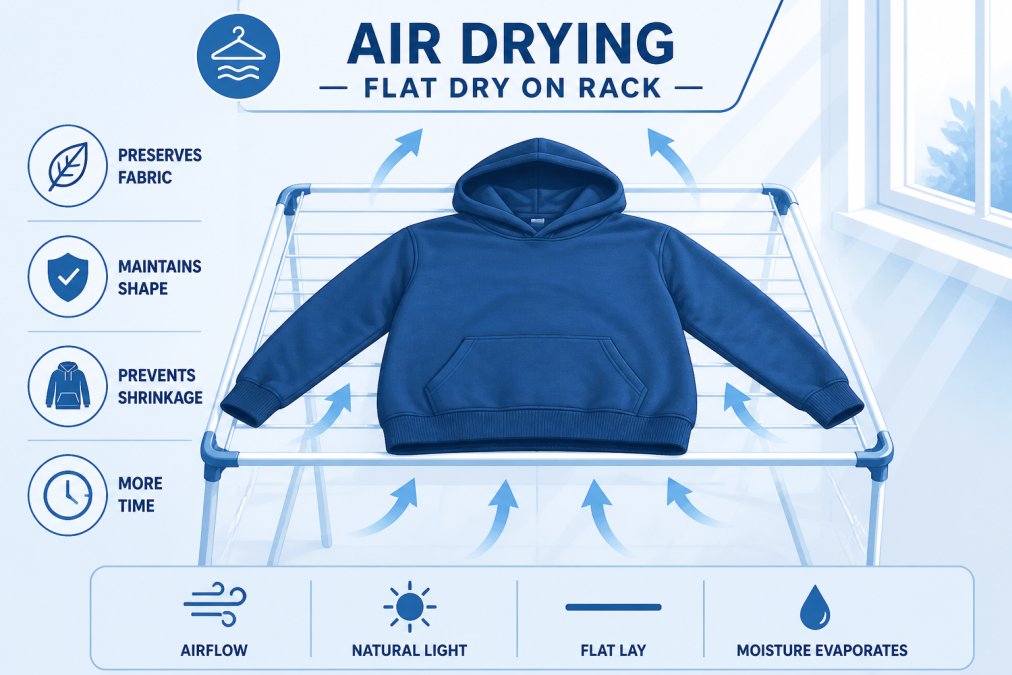 Heavy cotton hoodie laid flat on a drying rack with natural light streaming through a window, showing proper flat-lay positioning with air circulation around the garment