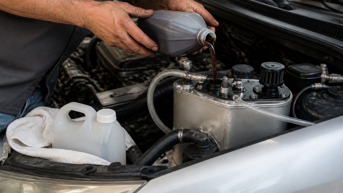 Close-up of a mechanic's hands pouring a dark cleaning solution from a bottle into an HHO generator reservoir beside a vehicle engine bay, with a drain hose and fresh water jug nearby