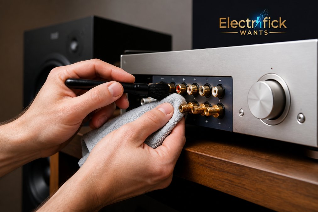 Cleaning dust from gold-plated RCA connectors and an aluminum amplifier faceplate with a brush and cloth