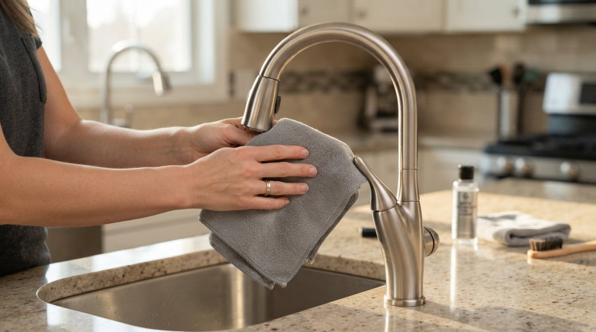 Close-up of a homeowner's hands using a soft microfiber cloth to polish a modern brushed-nickel kitchen faucet, warm morning light reflecting off the clean surface, high-end fixtures softly blurred in the background