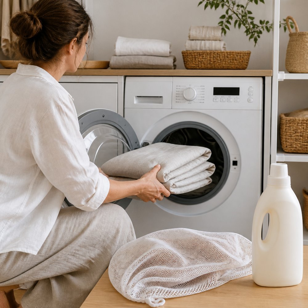 A person loading folded linen bedding into a front-loading washing machine set to a gentle cycle, with a bottle of mild detergent on the laundry bench beside a mesh laundry bag
