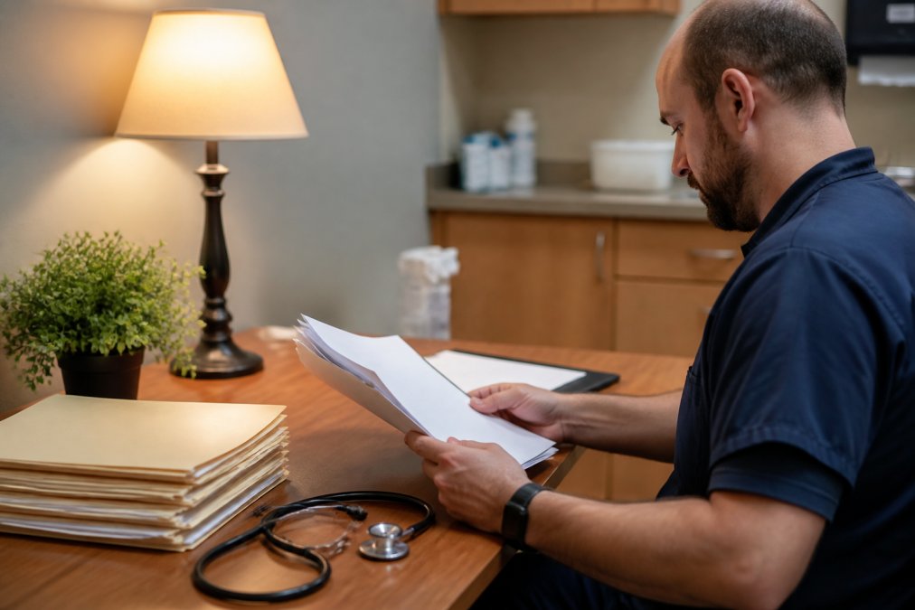 A healthcare IT professional reviewing compliance documents on a laptop at a desk in a medical office, with a stethoscope and patient files visible in warm overhead lighting
