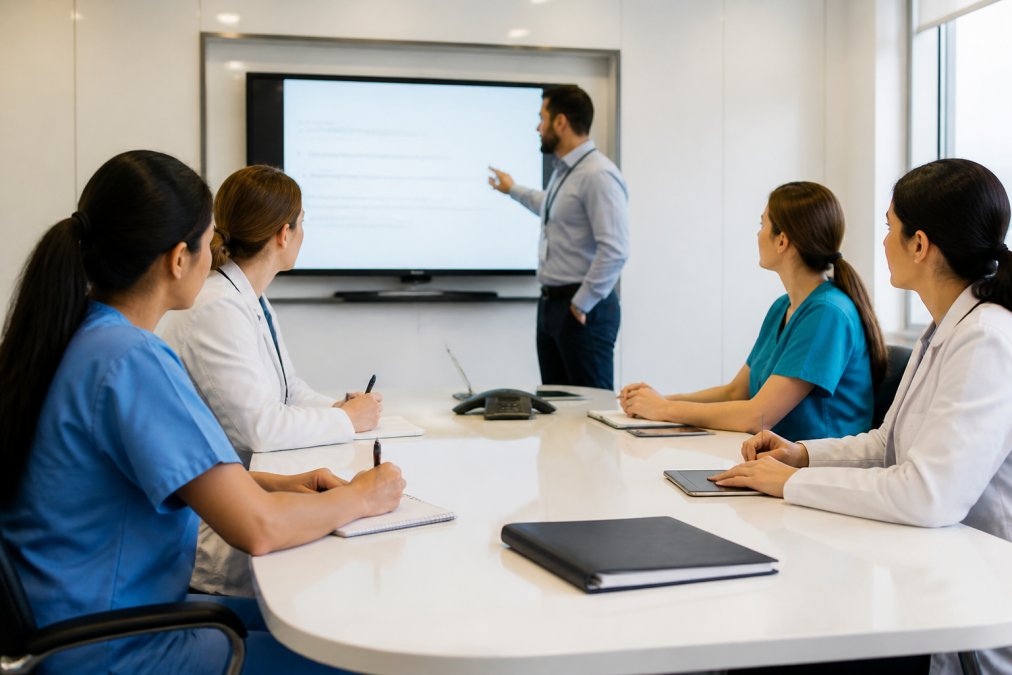 A small group of medical office staff attending a training session in a bright conference room, with a presenter pointing to a screen displaying data security guidelines, participants taking notes at a table