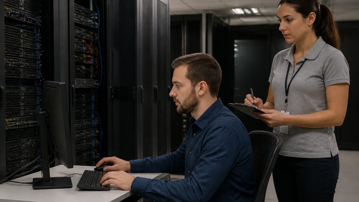 An IT professional reviewing access control settings on a computer screen in a secure server room, with a colleague taking notes nearby
