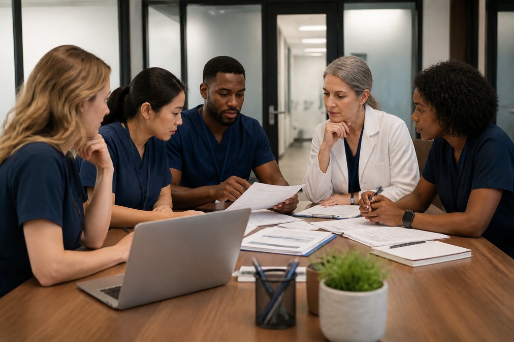 Healthcare clinic staff in a professional training session reviewing HIPAA compliance materials together at a conference table with laptops, documentation, and training materials in natural office lighting
