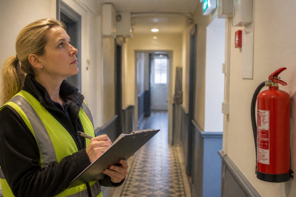 Property manager conducting a detailed inspection of a communal hallway in an HMO, checking fire extinguishers, emergency lighting, and structural condition with clipboard in hand