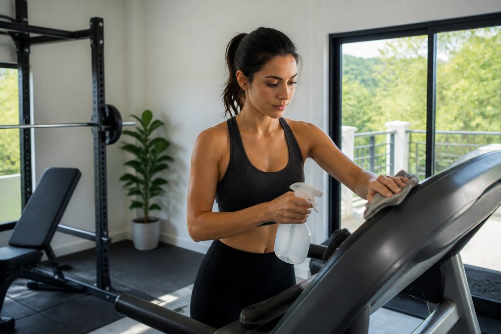 Person wiping down a treadmill console with a microfiber cloth to learn how to maintain home gym equipment for longevity
