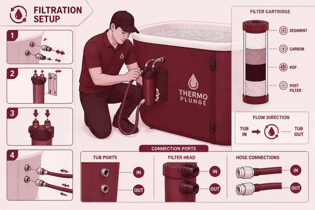 Professional demonstrating water filtration system installation into an ice bath tub, showing connection ports and filter cartridge in bright workshop lighting