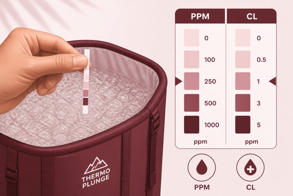 Hand holding a water testing strip over ice bath water, comparing the colour against a reference card to measure PPM and chlorine levels in natural daylight