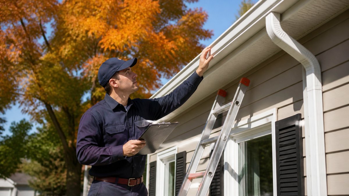 A uniformed technician with a clipboard inspecting a home's exterior, checking the roof edge and gutters on a clear autumn day, ladder leaning against the siding