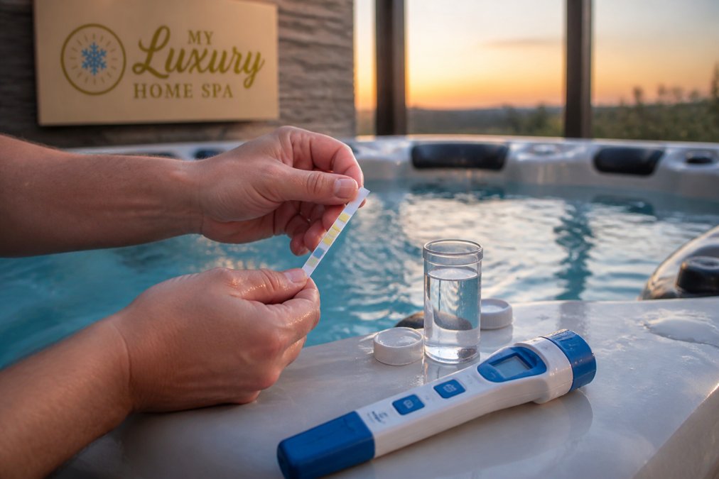 Close-up of a person's hands holding a test strip beside a vial of hot tub water, a digital water tester resting on the spa edge in soft evening light