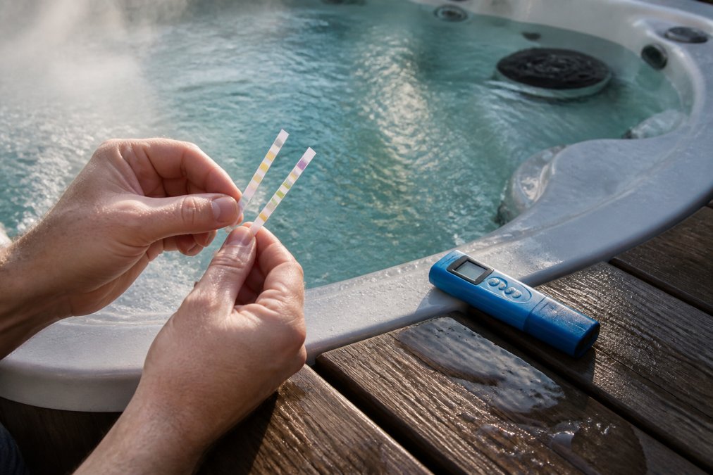Close-up of hands holding test strips over steaming hot tub water with a digital water tester device placed on the wooden deck nearby