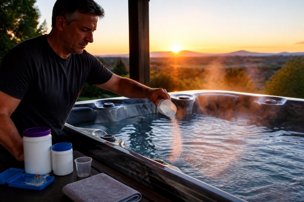 Person carefully pouring chemical powder from a measuring cup into steaming hot tub water at sunset, with the steam rising visibly from the surface