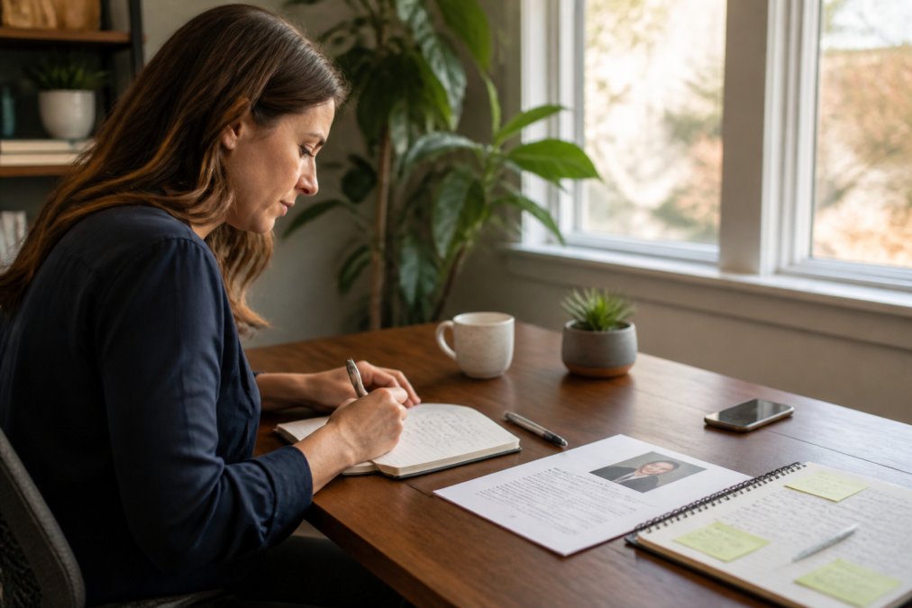 Sales professional at desk writing personalized email on laptop, with handwritten notes and customer profile visible nearby